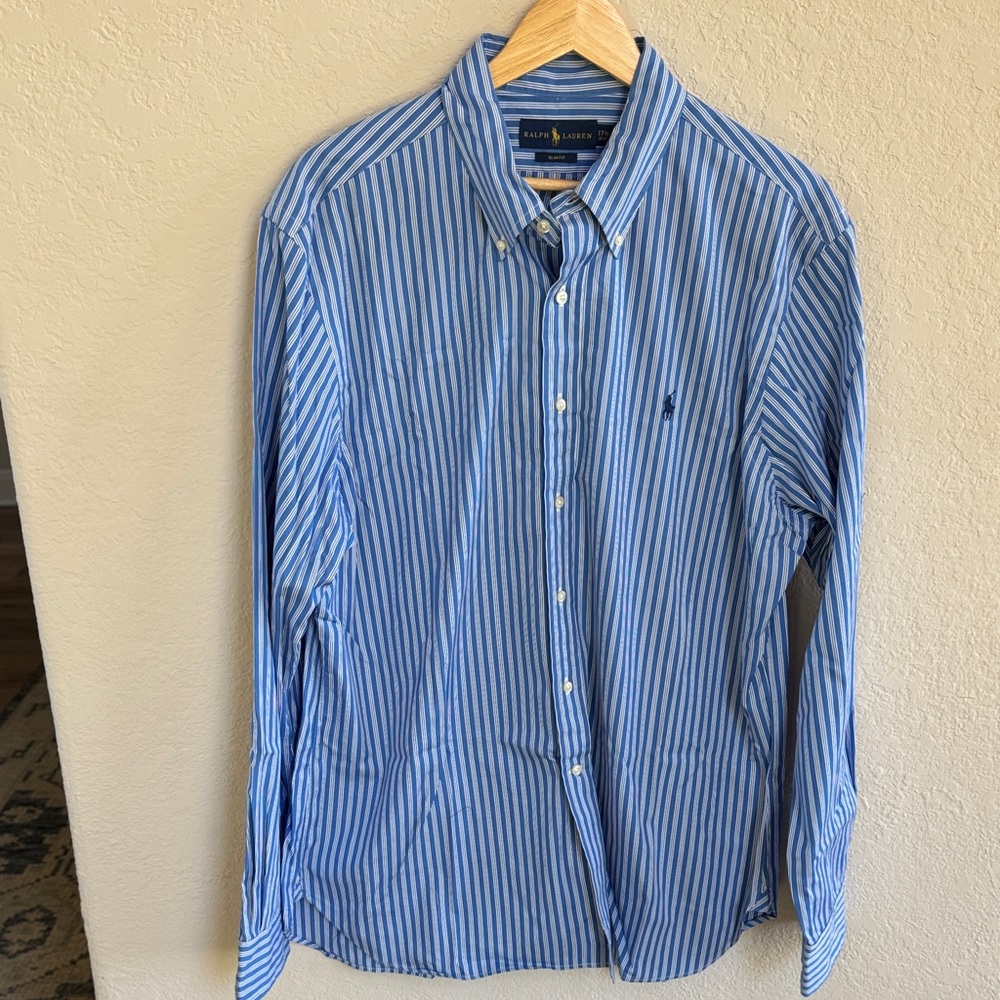 Ralph Lauren Men's Blue and White Striped Shirt